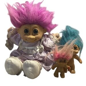 Vintage Troll Dolls‎ Lot Purple Hair Doll Dress Russel Berrie Dam Good Luck